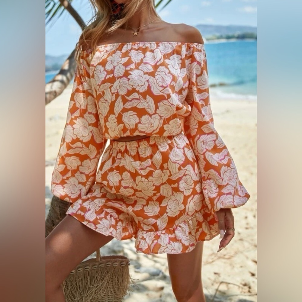 Bohemian Tropical Off-The-Shoulder Printed Top Shorts Set